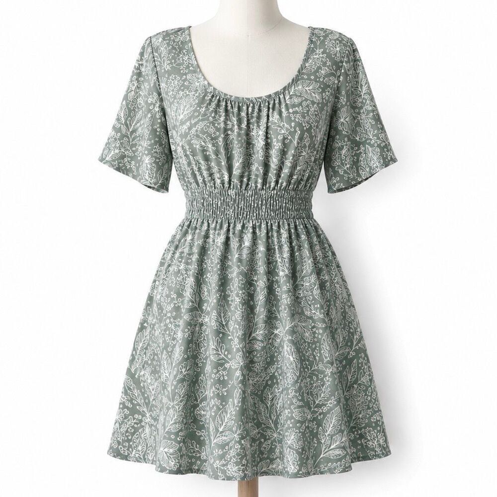 Pact Organic Cotton Leaf Print Open Back Mini Dress Green Cream XS